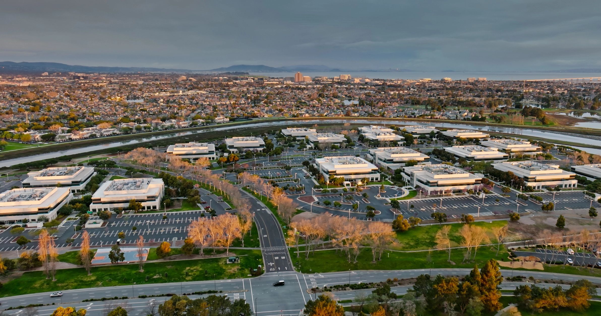 Aerial view of multifamily housing and office parks