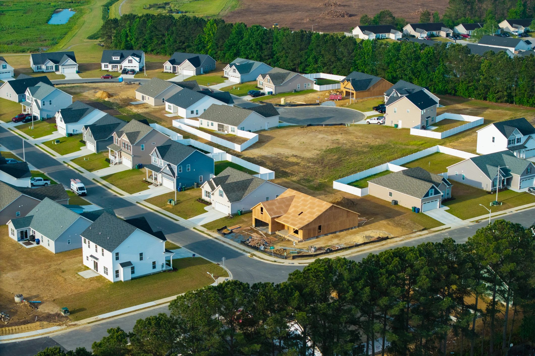 Neighborhood homes under construction in a new development